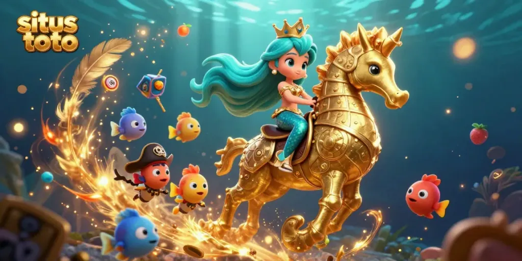 Experience situs toto with an enchanting mermaid princess and her seahorse in a vibrant casino scene filled with jackpot elements.