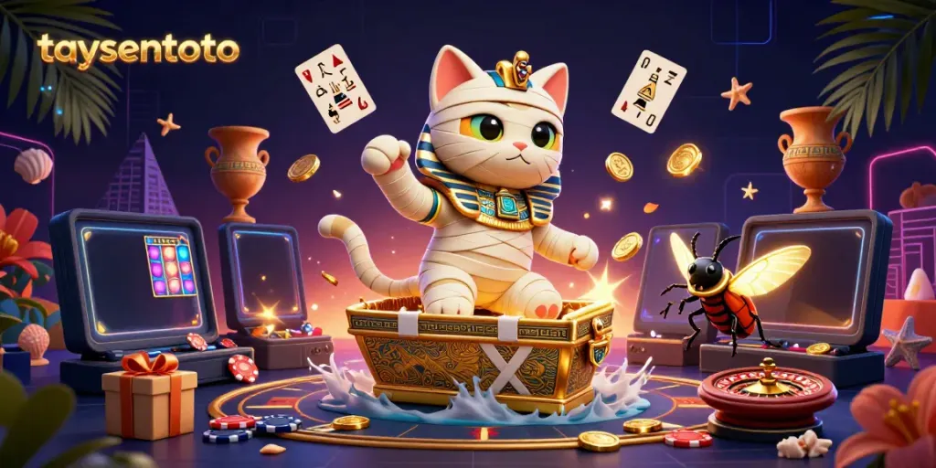 Taysentoto elevates gaming excitement with a vibrant scene featuring a mummy cat and casino elements.