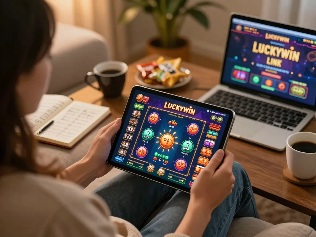 Engaging with the Luckywin link on a tablet during a cozy online gaming session at home.