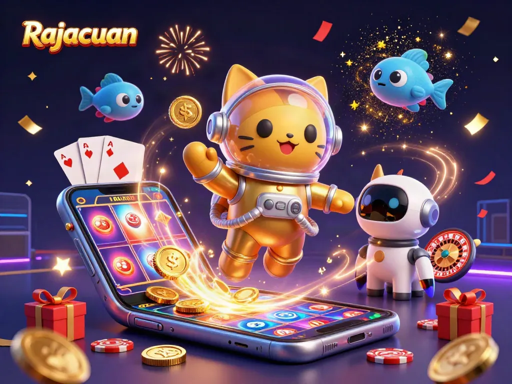 Rajacuan showcases an astronaut cat gaming with vibrant slot elements and exciting cosmic features.