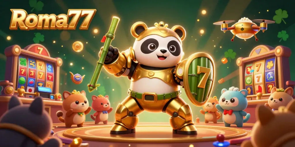 Experience Roma77's lively casino vibes with our golden panda and bamboo robot amidst slot machines.