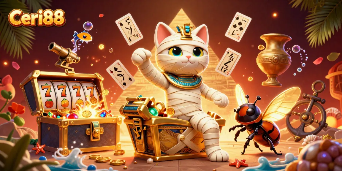 Ceri88 menampilkan ilustrasi kasino dengan kucing mummy Mesir dan permainan judi yang menarik.