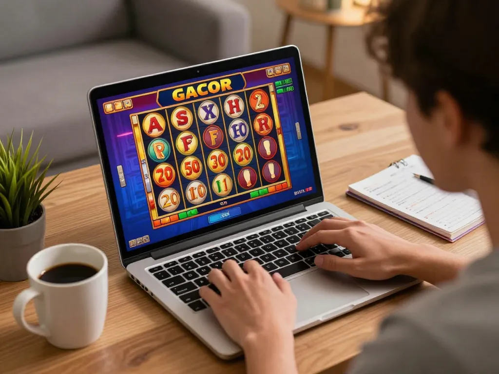 Excited gamer enjoying slot gacor on laptop with vibrant screen and engaging game action