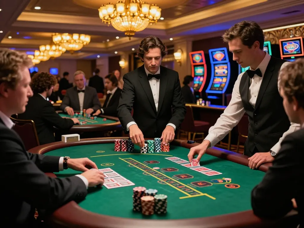 Engaged players placing bets at blackjack tables in vibrant casino, showcasing 98win vin gaming excitement.