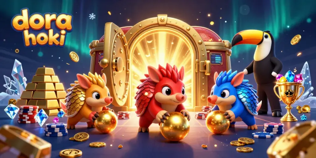 Dorahi hoki bermain slot dengan pangolin bersaing, dikelilingi tumpukan chip poker dan harta karun.