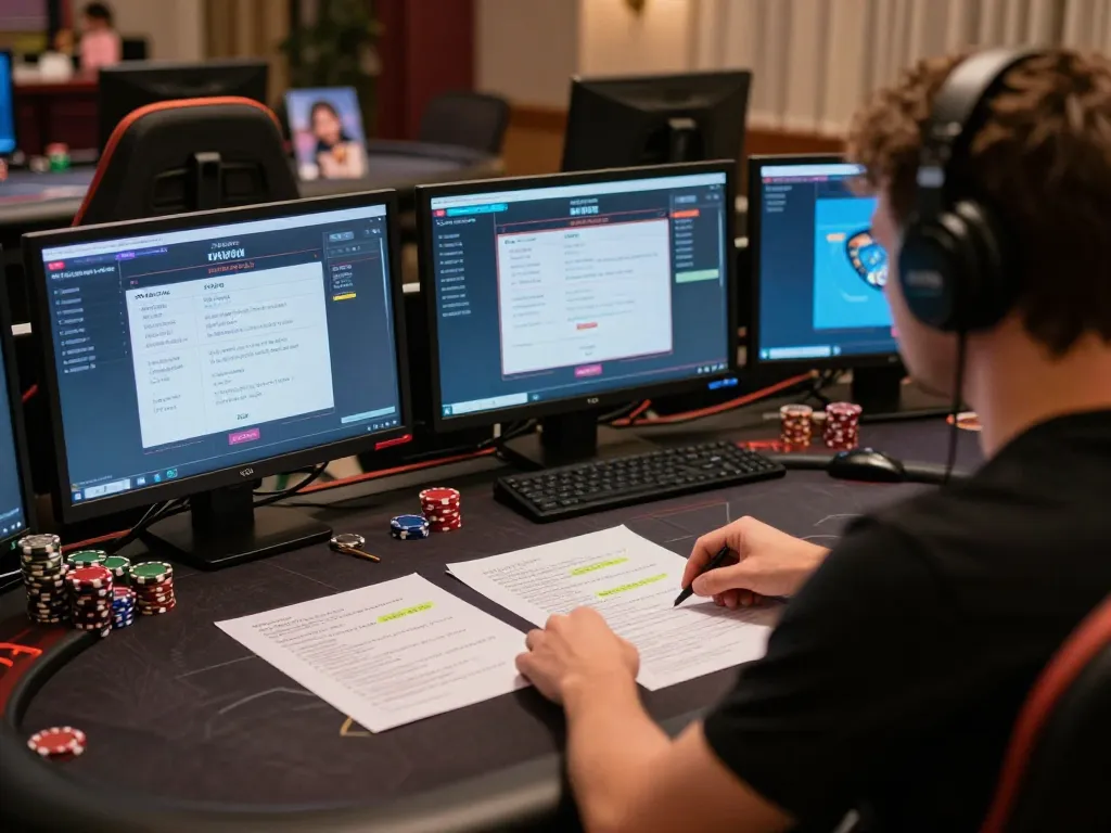 MPOID online poker tournament with multiple screens, highlighting strategic gameplay and focused player