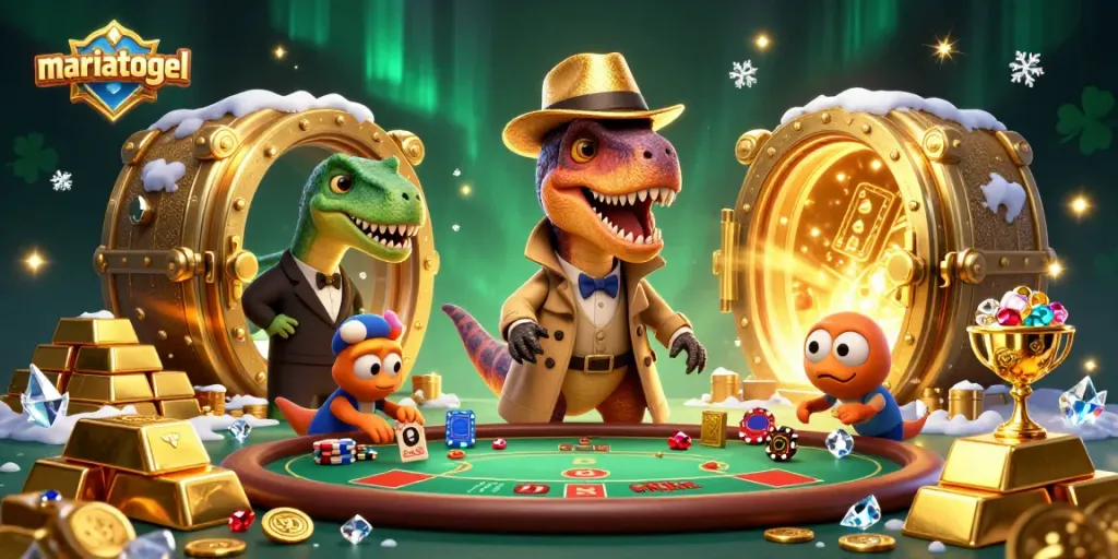 An engaging scene of mariatogel where a velociraptor card counter is inconspicuously at a blackjack table while a stegosaurus boss watches closely.