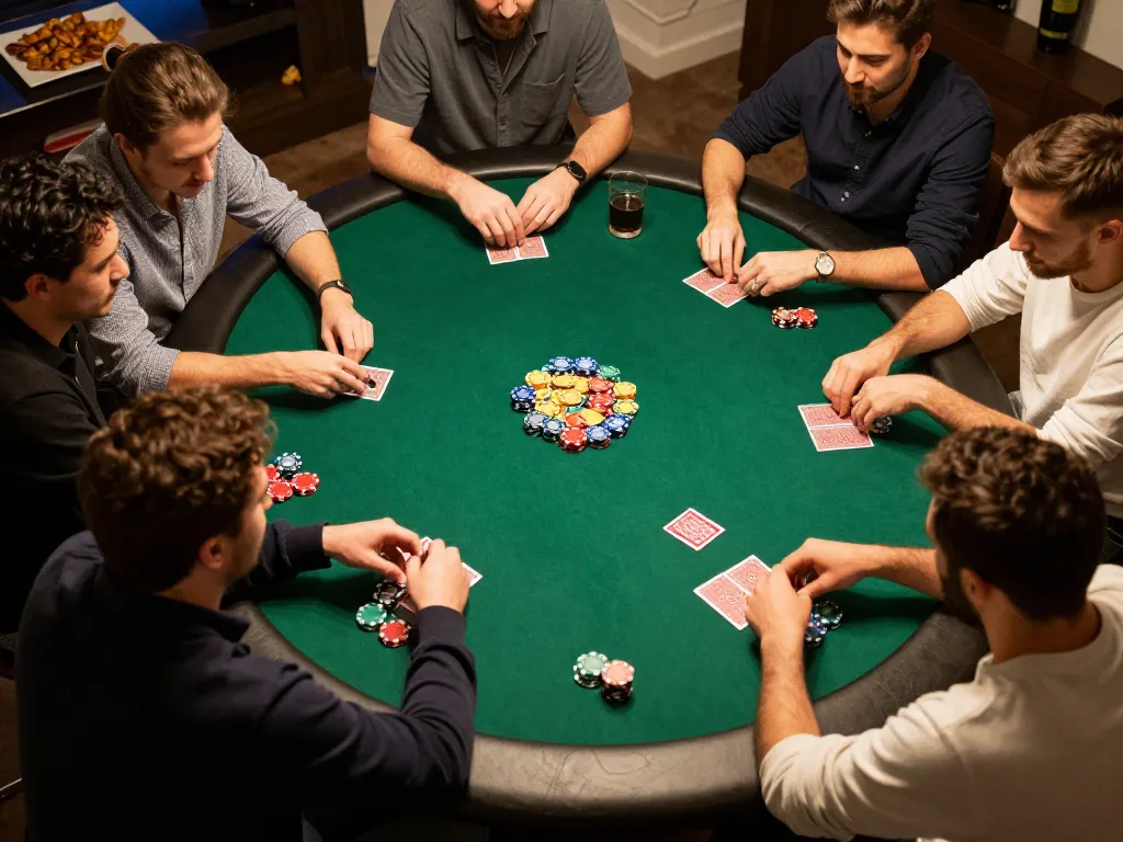 King88 players engaged in a lively poker game, showcasing excitement and strategy in a warm home setting
