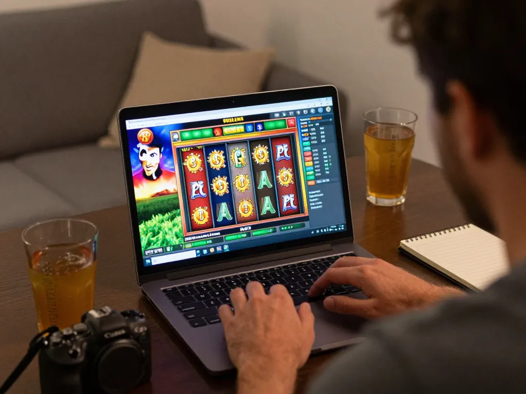 Pemain yang terlibat menikmati permainan slot depo 5k di laptop dalam suasana rumah yang nyaman