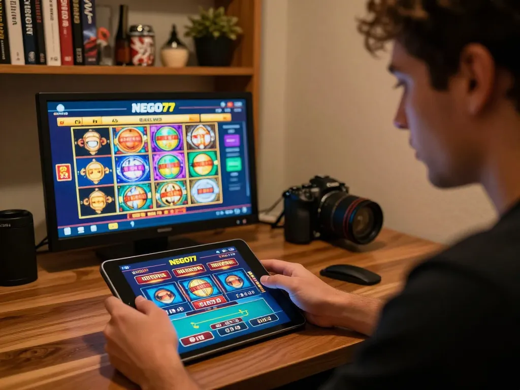 Playing NEGO77's online casino games on a tablet in a cozy setting, focused and engaged.
