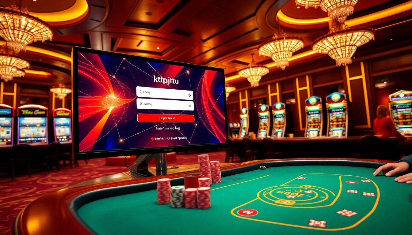 Ktpjitu login interface displayed in a luxurious casino setting with poker tables and slot machines.