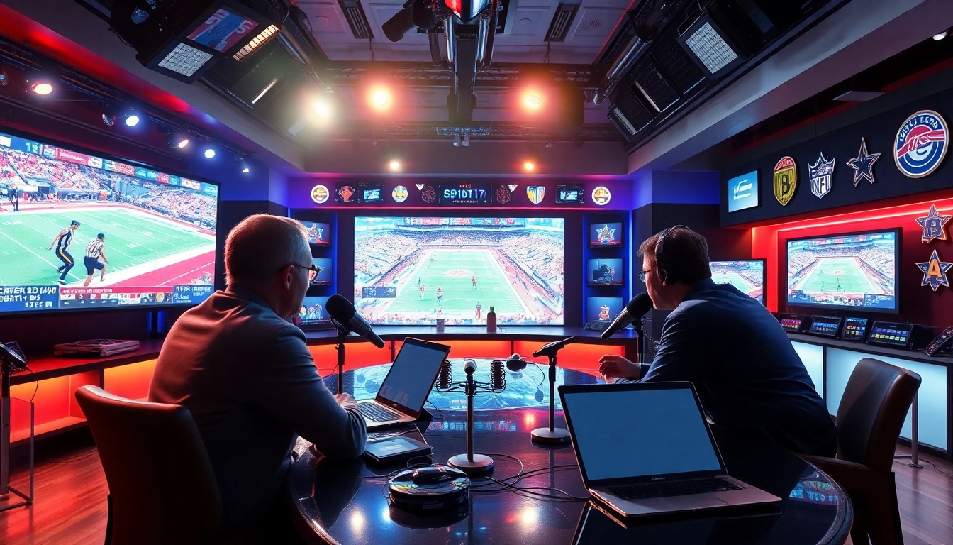 Engaging scene of sports broadcasting with hosts, screens, and vibrant studio decor.