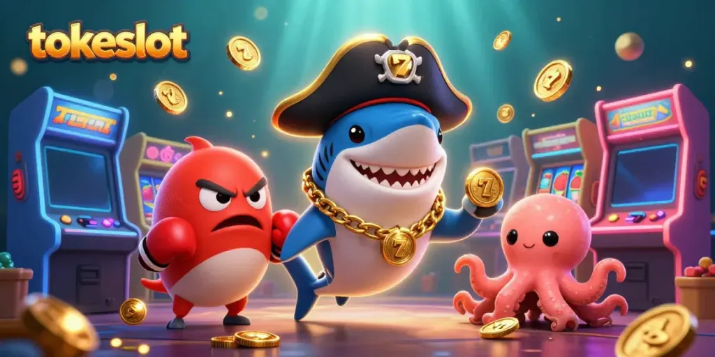 Engage with the exciting tokeslot scene featuring vibrant characters and casino elements.