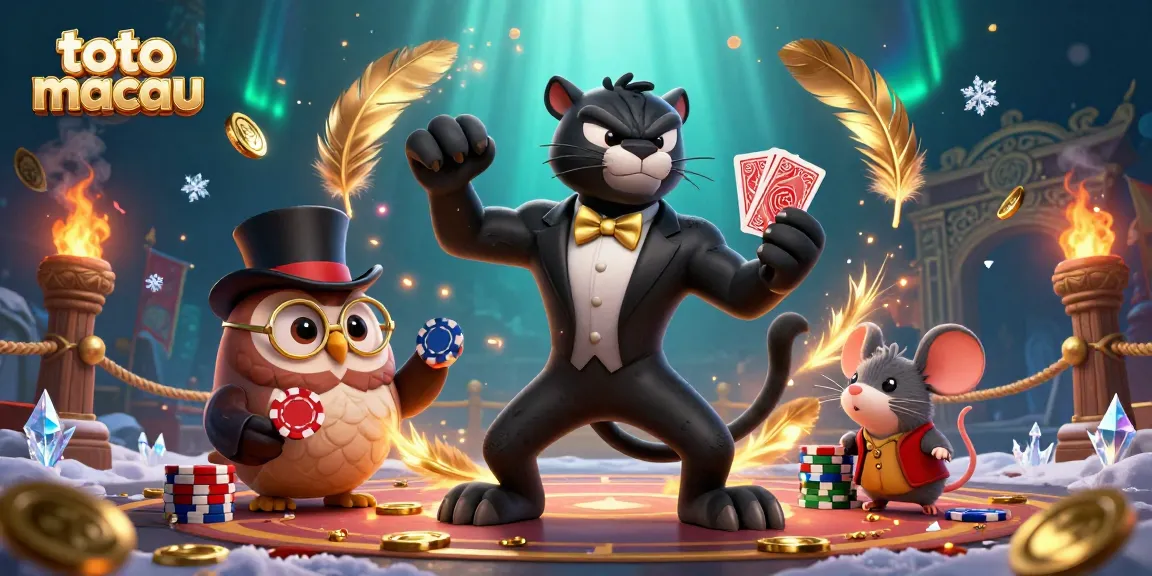 Gambarkan momen menarik toto macau dengan panther, owl, dan mouse di arena judi.