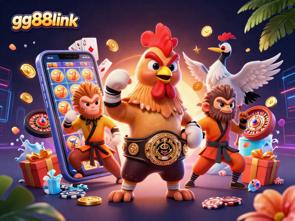 Engage with the gg88link experience featuring a vibrant casino scene with iconic characters and gaming elements.