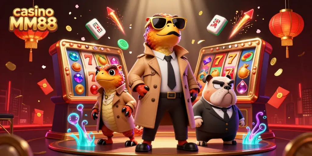 Win big with casino MM88 in a lively VIP scene featuring cartoon raptors and casino elements.