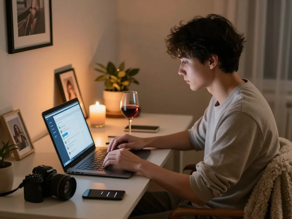 Young adult engaged in AI sexting on a laptop in a cozy home office, evening atmosphere with warm lighting.