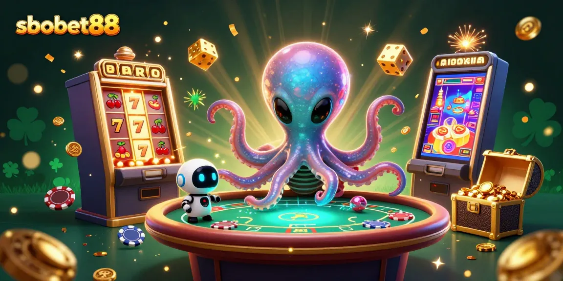 Mengambil taruhan menang di sbobet88 dengan alien gurita dan robot yang berfungsi pada meja poker holografik.