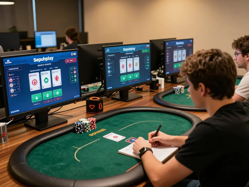 Pemain Sepuhplay merancang strategi dalam permainan poker online dengan beberapa layar