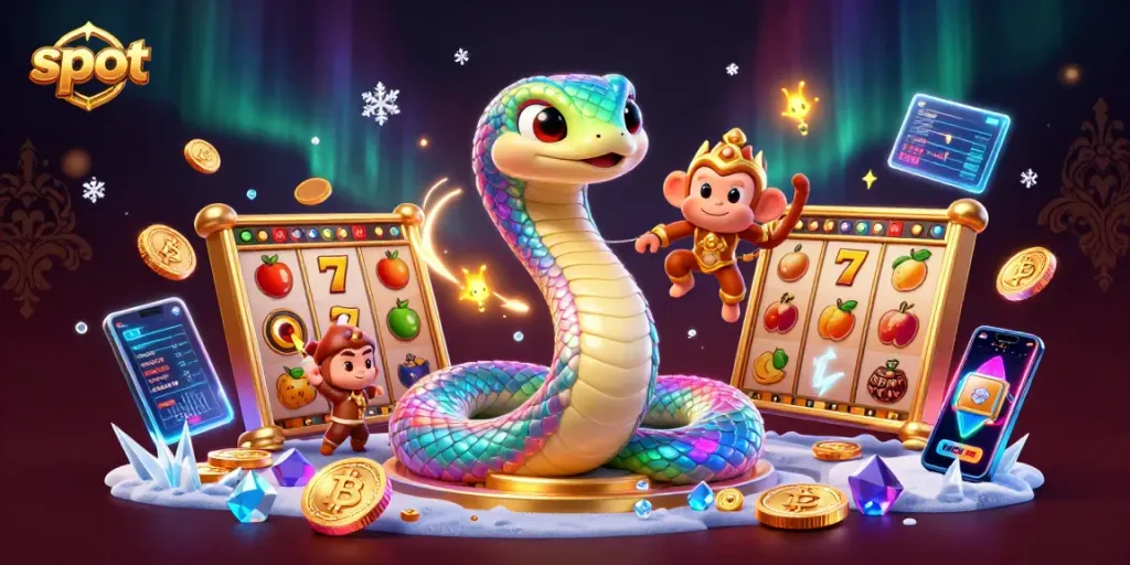Spin the slot reels with magical fireflies in a vibrant casino scene featuring a rainbow serpent and golden monkey king.