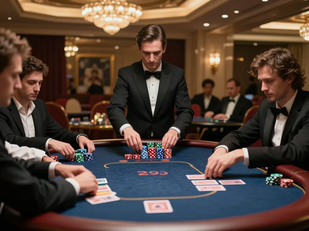 IDNSCORE players engage in an intense poker game showcasing strategy and excitement in a luxurious casino
