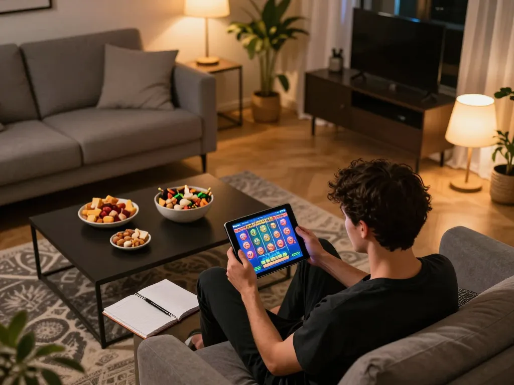 Player using bayitoto to strategize winning at online slot games during a cozy home gaming session