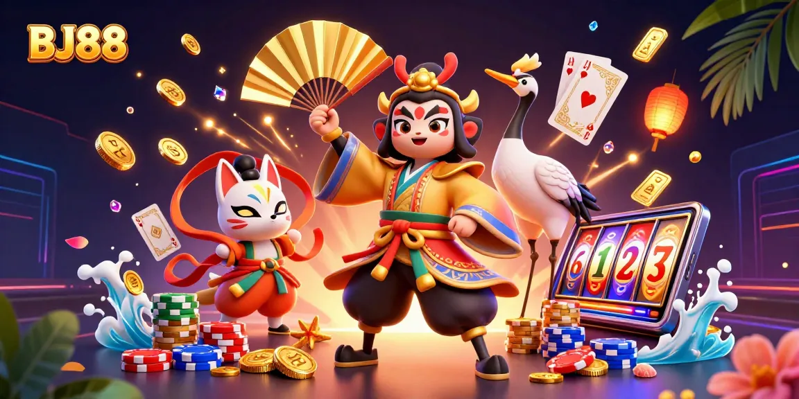 Experience the exciting world of BJ88 with vibrant casino elements and dynamic 3D art.