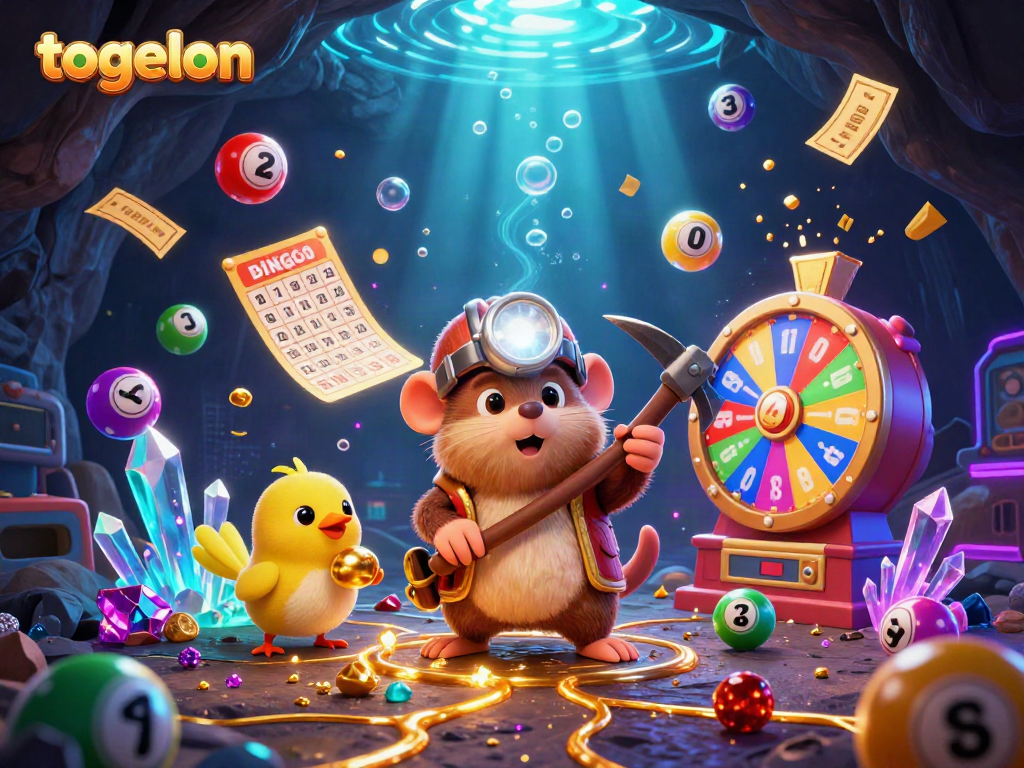 Engage in togelon with vibrant lottery balls, treasure hunter mole, and dynamic casino elements.