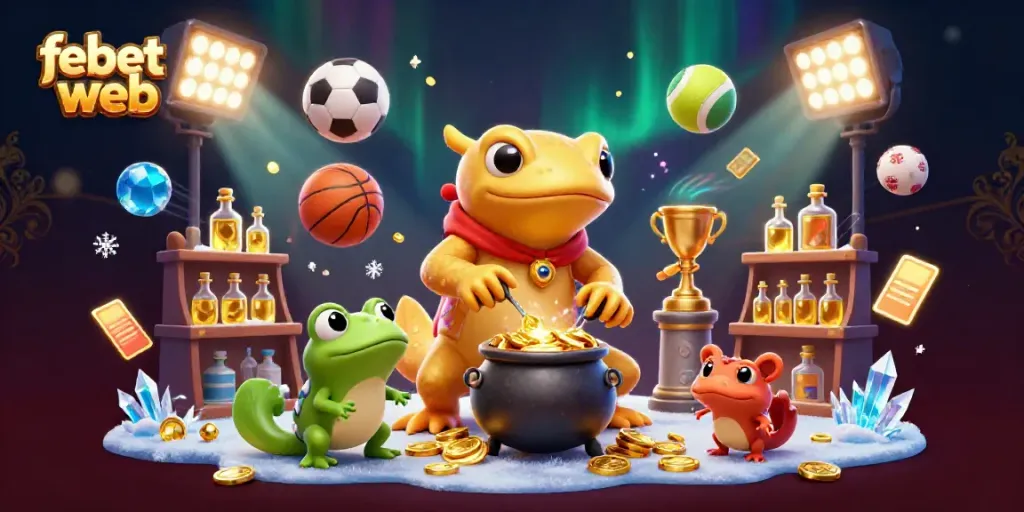 Experience the magic of febet web with a captivating 3D scene depicting a mystical alchemist and whimsical characters in vibrant action.