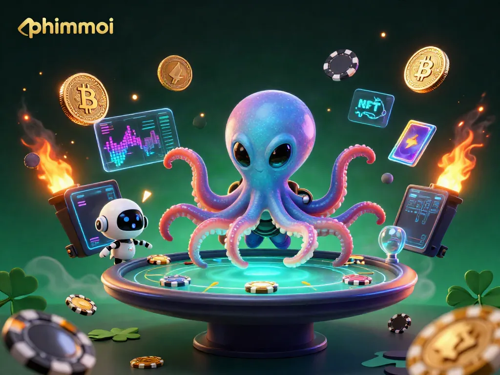 Engage with phimmoi at a holographic poker table amidst floating Bitcoin and Ethereum coins.