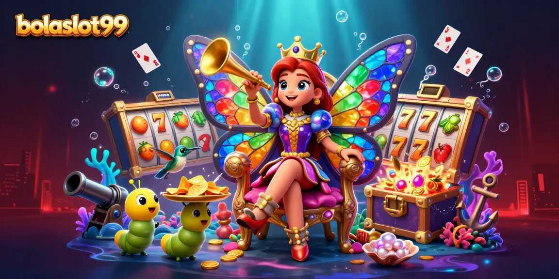 Bolaslot99 showcases vibrant 3D graphics with slots, butterflies, and treasures for players.