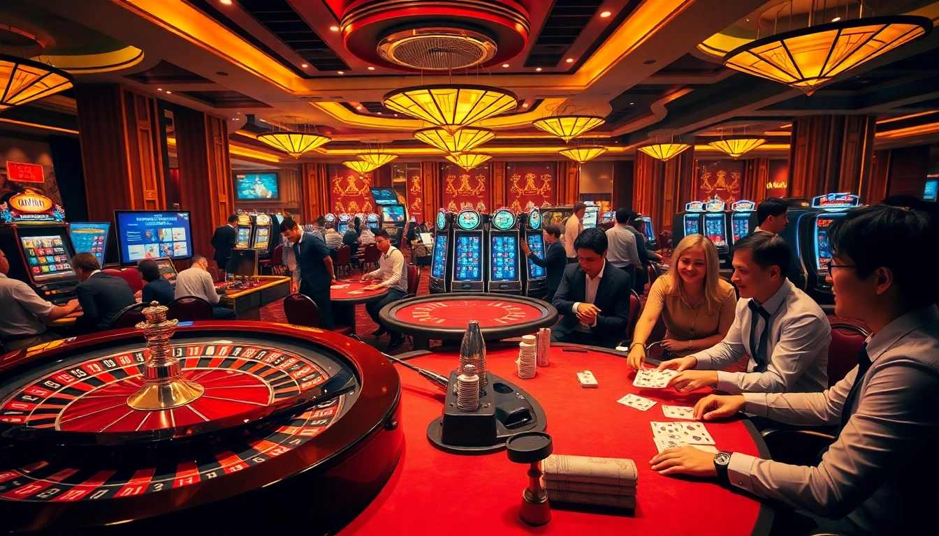 Exciting gambling scene at Nhà cái U888 with players at roulette and poker tables.
