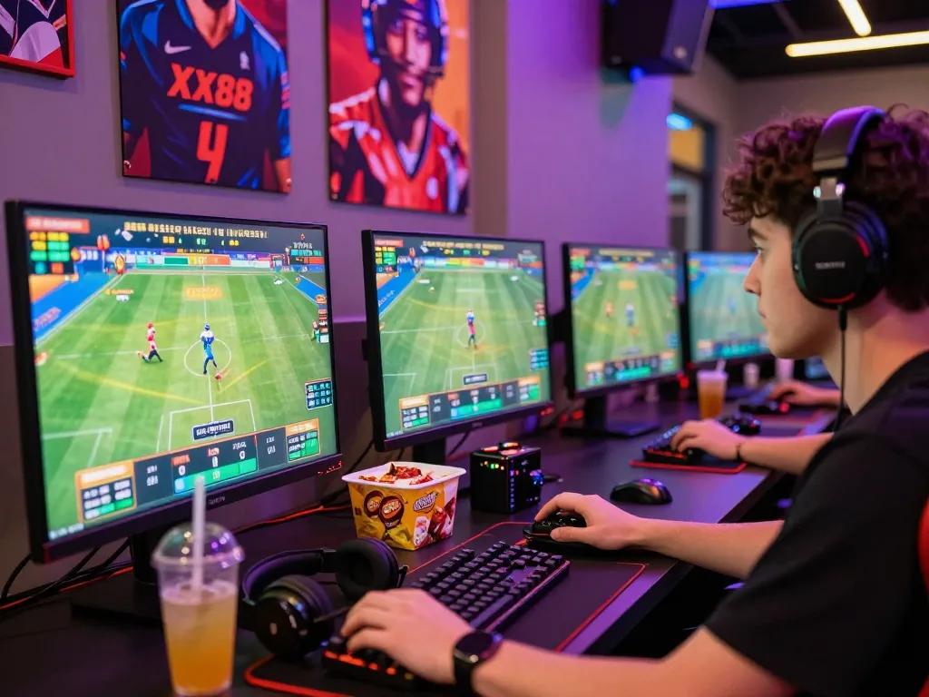 Online gaming experience with XX88 sports betting setup, vibrant atmosphere and engaging technology.