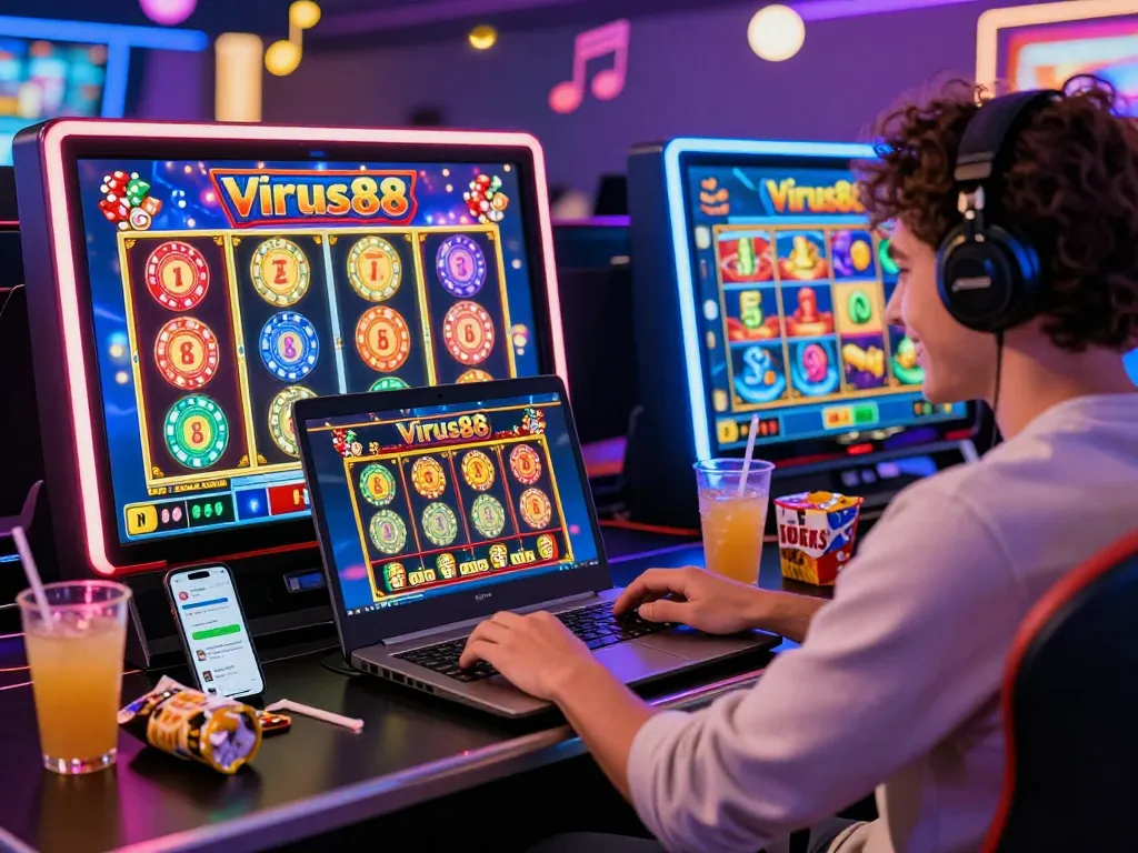 Pemain yang bersemangat terlibat dengan permainan slot online Virus88 dalam pengaturan permainan yang hidup, menampilkan suasana yang meriah.