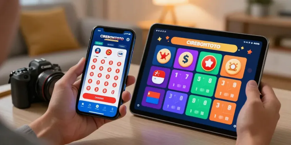 Pengguna aplikasi cirebontoto melakukan taruhan togel secara online di rumah dengan smartphone.