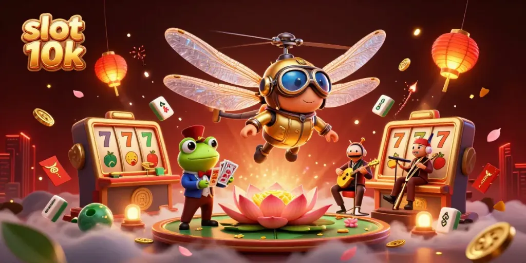 Slot 10k menawarkan pengalaman bermain yang menyegarkan dengan karakter unik dalam ilustrasi kasino.
