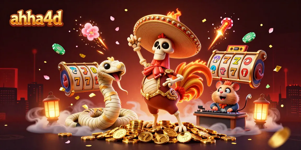 ahha4d showcases vibrant slot reels and festive characters celebrating winnings in a colorful, dynamic casino scene.