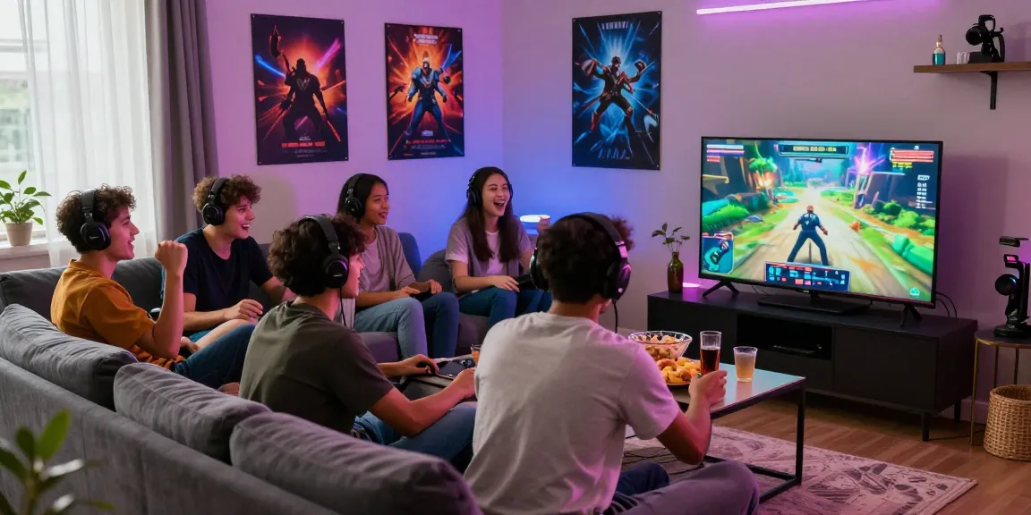 Friends enjoying tempototo video games together in a lively, colorful setting