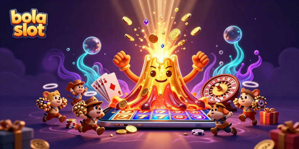 Experience excitement with bola slot as coins and treasures erupt from a golden volcano in a vibrant casino scene.