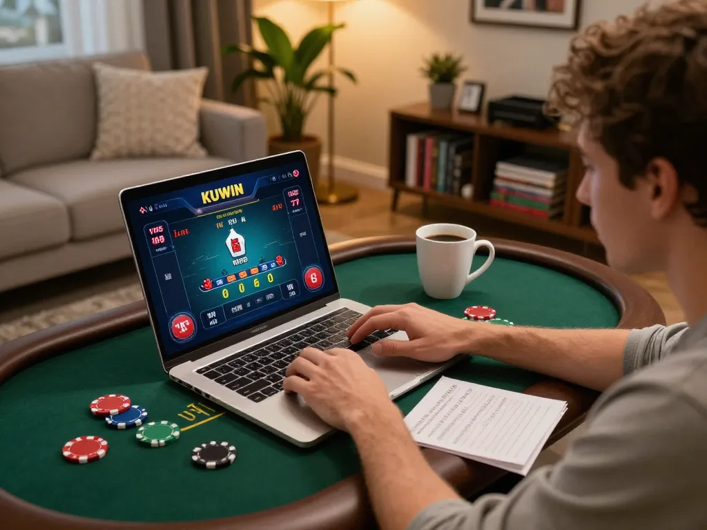 Kuwin player engaging in live dealer blackjack online from a cozy home setup