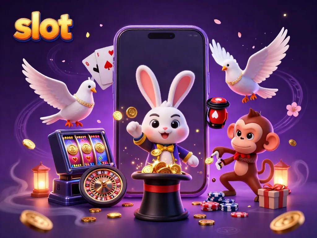Slot bermain dengan kelinci, merpati, dan monyet yang menarik perhatian dalam ilustrasi 3D
