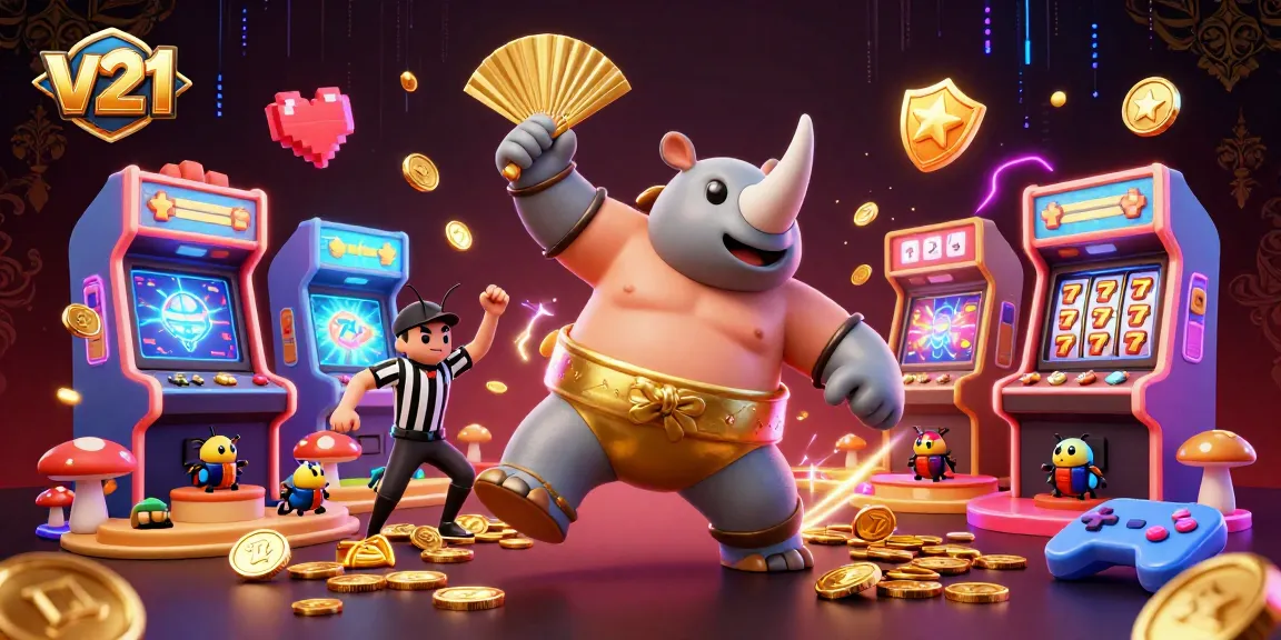 Mempersembahkan v21, juara sumo badak dengan koin terbang dalam suasana kasino yang meriah.