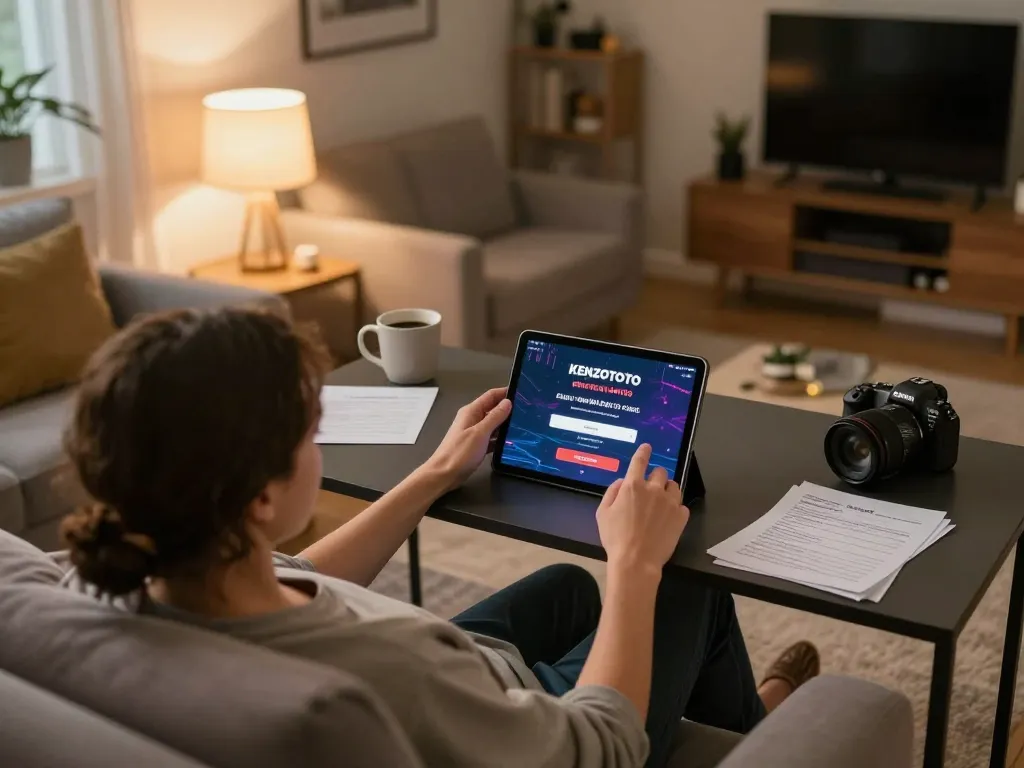 Berinteraksi dengan login KENZOTOTO di tablet dalam pengaturan permainan rumah yang nyaman.