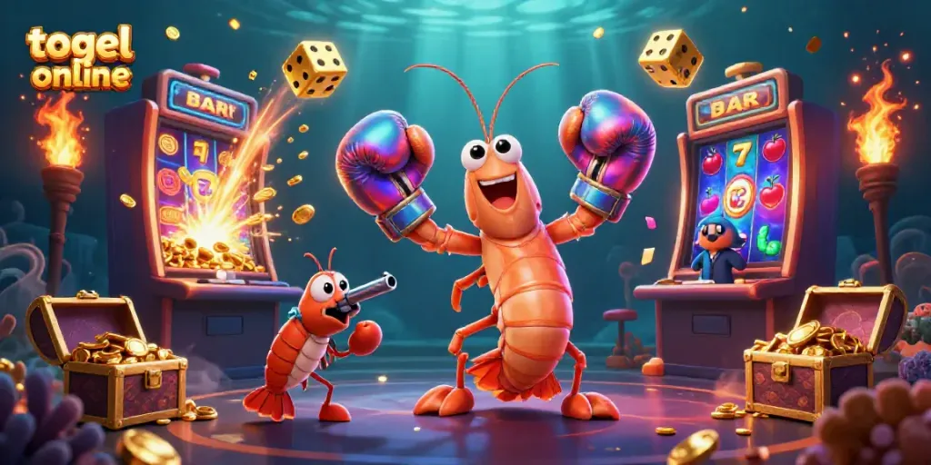 Menggali dunia togel online dengan slot jackpot. ilustrasi cerah menunjukkan karakter udang mantis dan teman-temannya.