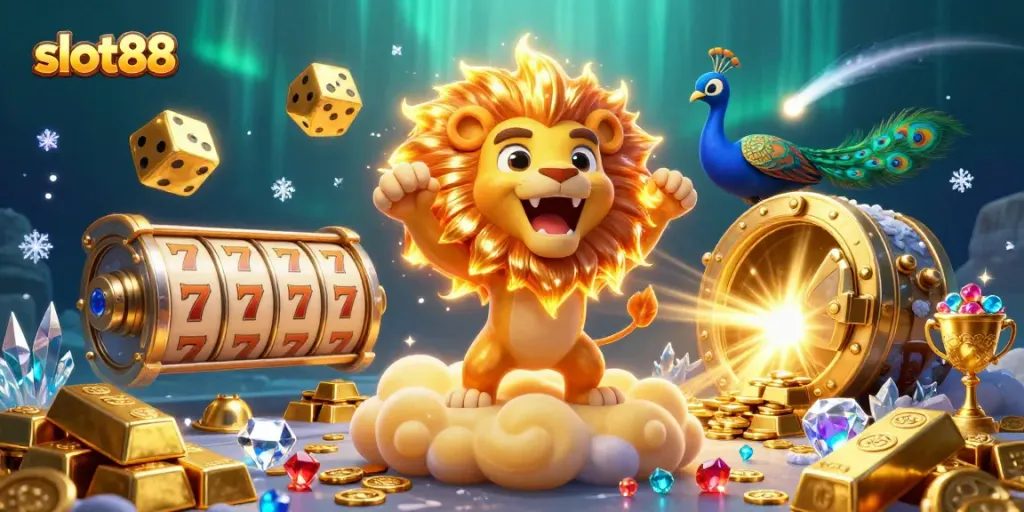 Experience thrilling slot88 action with dazzling treasures and vibrant characters in this casino-themed scene.