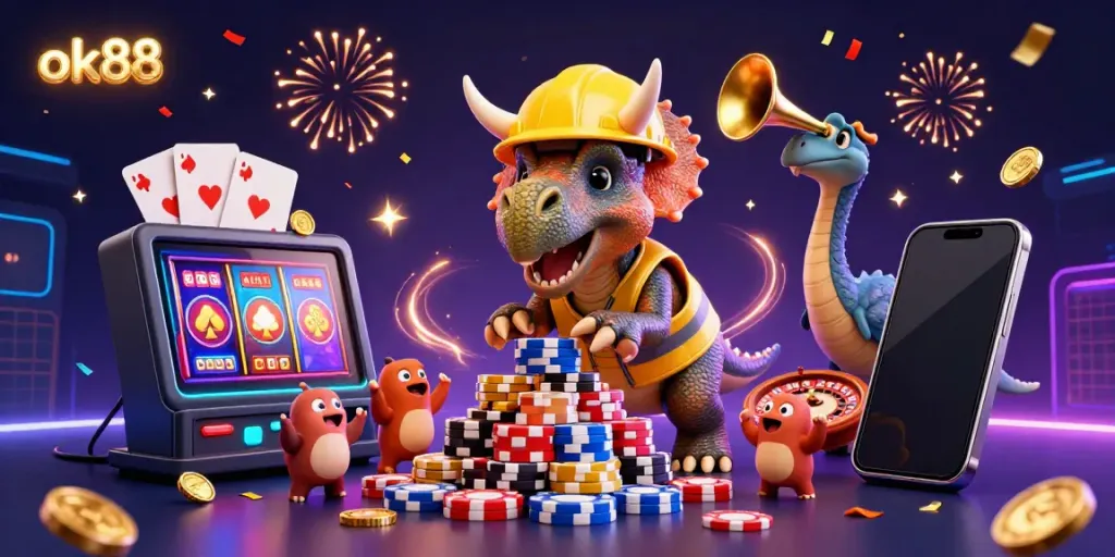 Celebrate thrilling wins at ok88 with a vibrant 3D scene of casino characters and exciting gaming elements.