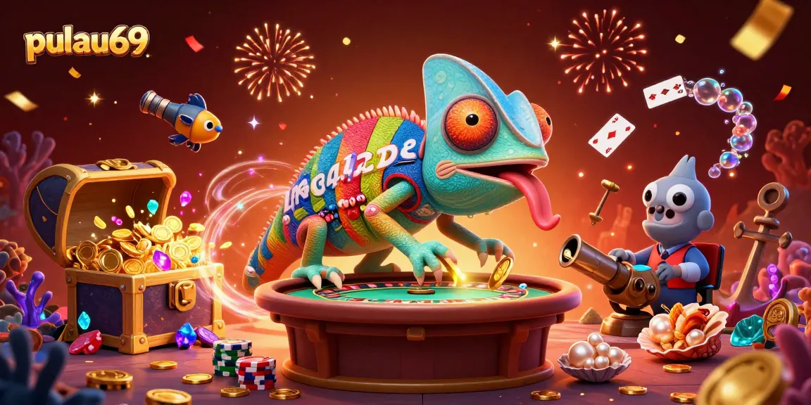 Experience the exciting world of pulau69 with vibrant casino visuals featuring chameleon and gaming elements.