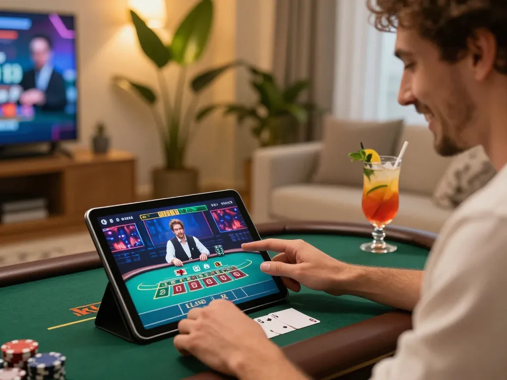 Sunwin player enjoying a live dealer blackjack game on tablet in a cozy setting