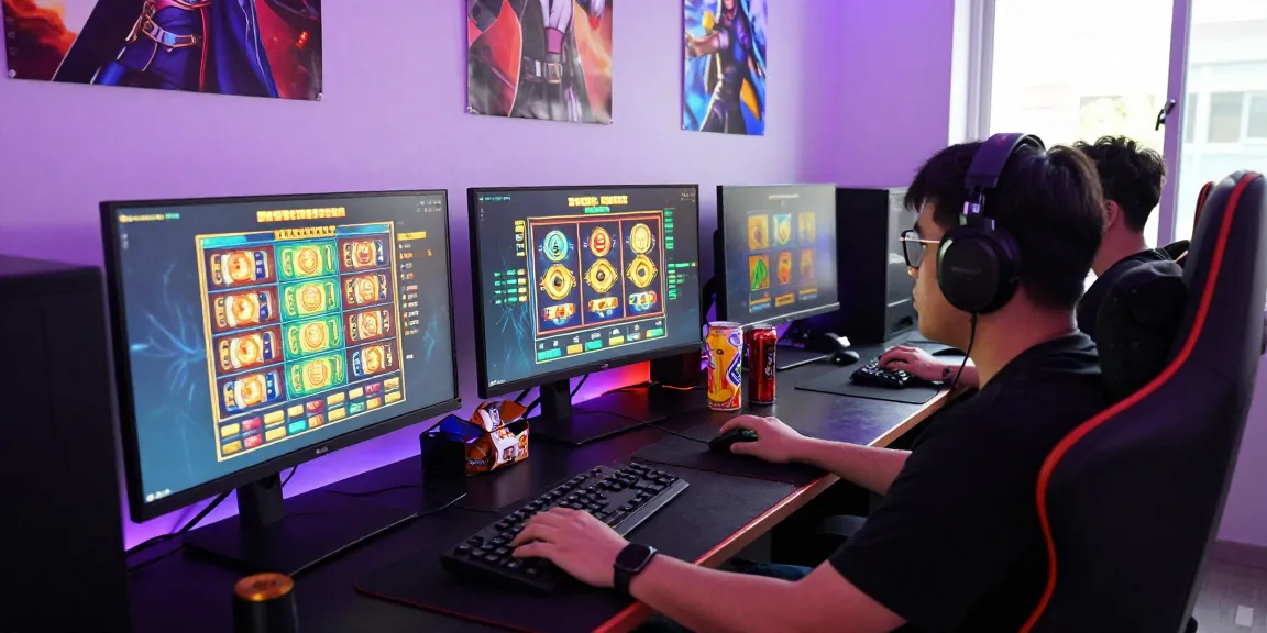Immersive gaming atmosphere with a player engaged in situs slot gameplay, colorful interfaces, and vibrant LED lighting.
