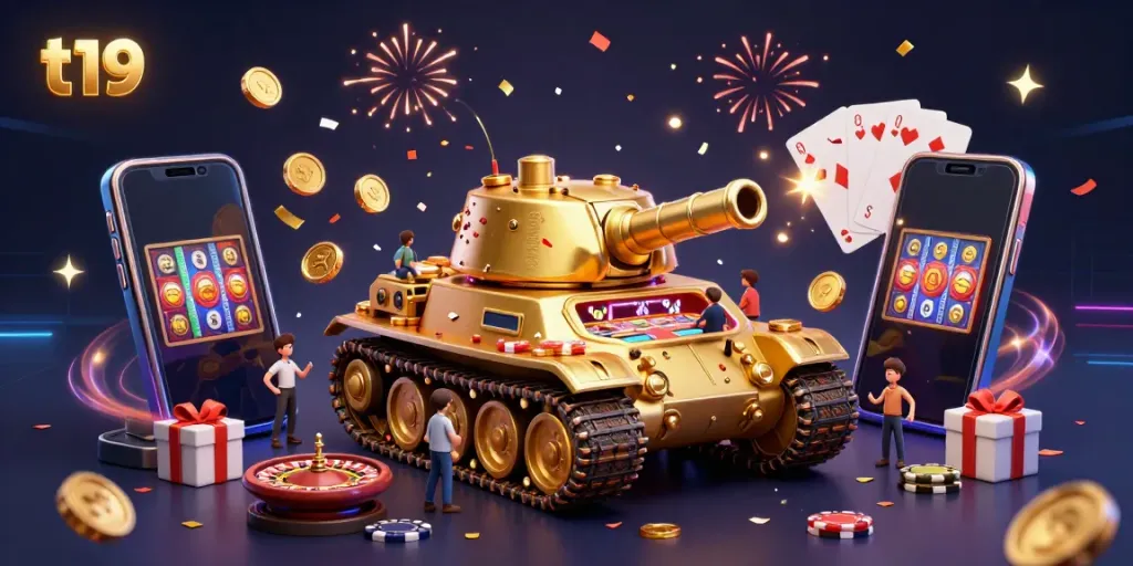 Win big at t19 with a vibrant casino scene featuring a golden beetle tank and festive elements.